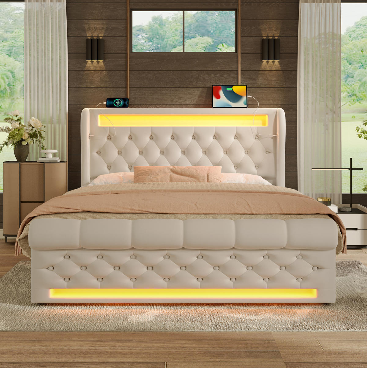 POLSTERBETT mit LED, Stauraum und Ladestation 140x200 cm Samt Beige inkl. Matratze - Beige, Metall (140/200cm) - Meubliv
