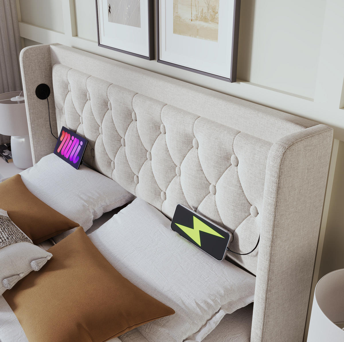 POLSTERBETT 140/200 cm Beige mit Stauraum, LED-Beleuchtung und USB-Ladefunktion - Beige, Textil (140/200cm) - Flora Grace