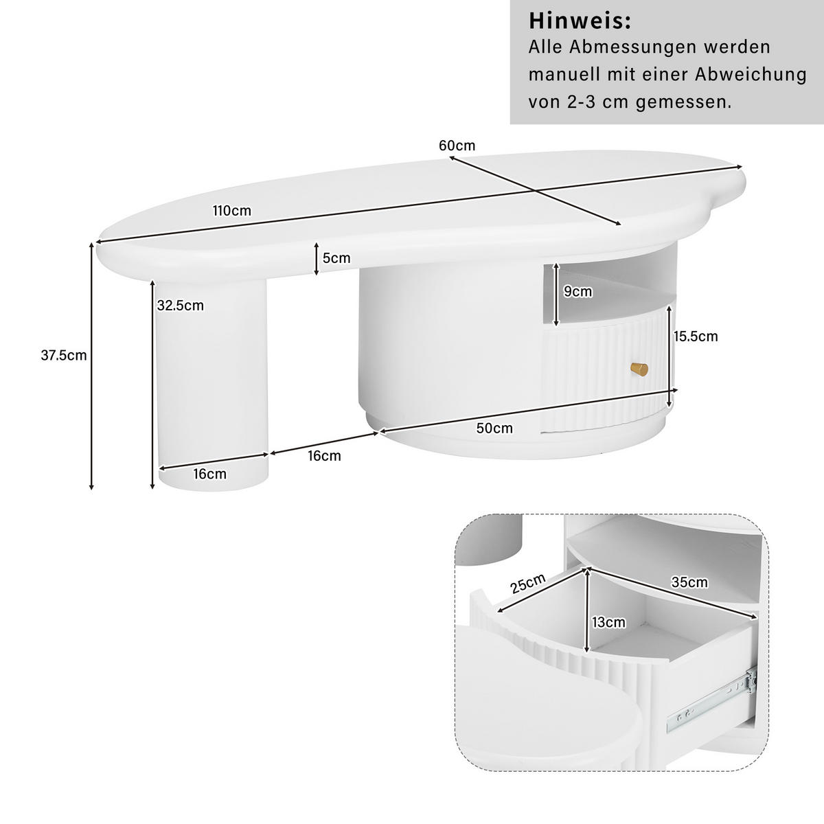 COUCHTISCH 110/60/37,5 cm wolkenförmig mit 1 Schublade - Weiß, Holzwerkstoff (110/60/37.5cm) - OKWISH