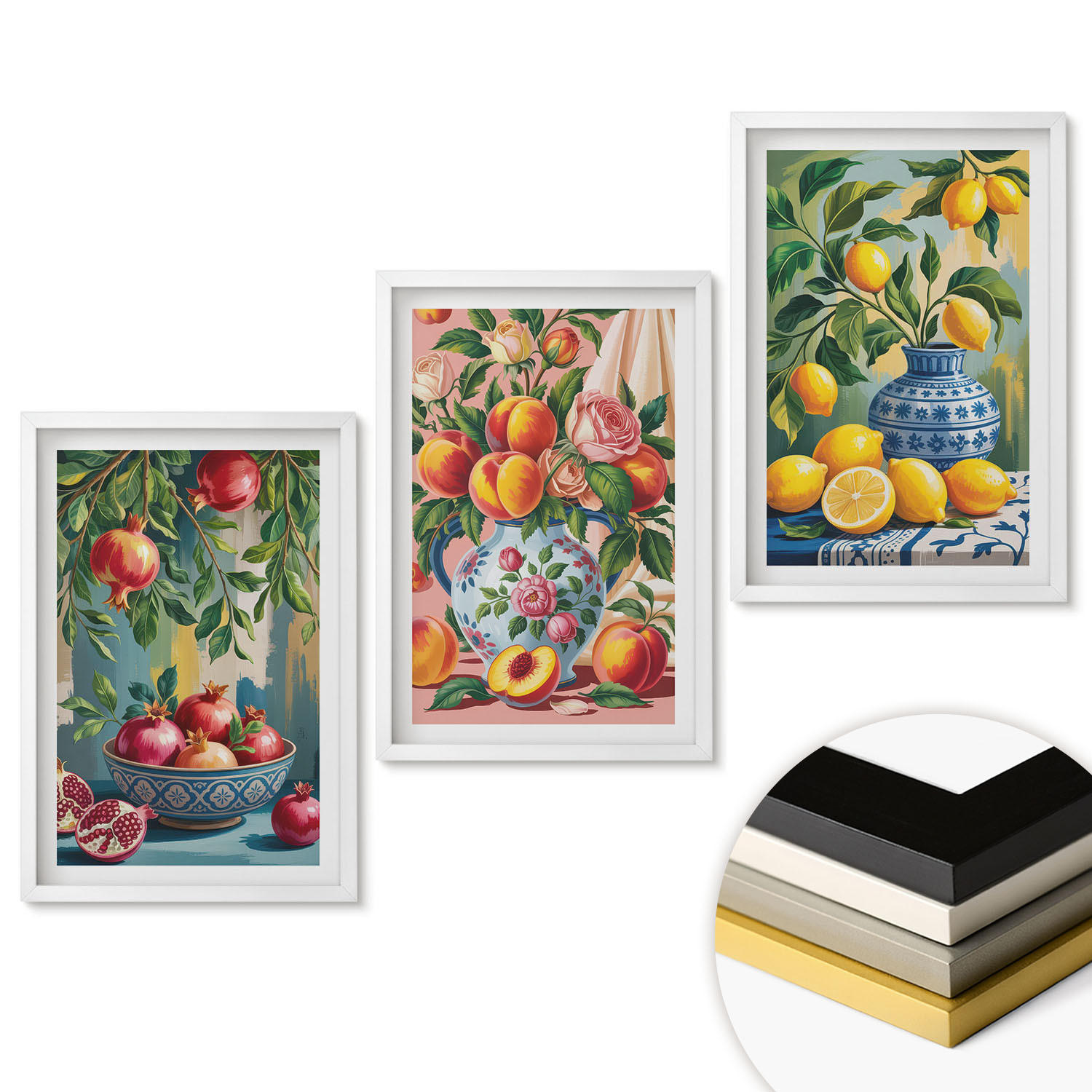 WANDBILDER 3er-Set - 40x60 cm Weißer Rahmen - Fruchtzusammensetzung von Granatäpfeln - Weiß, Kunststoff (40/60cm) - ArtPrintCave