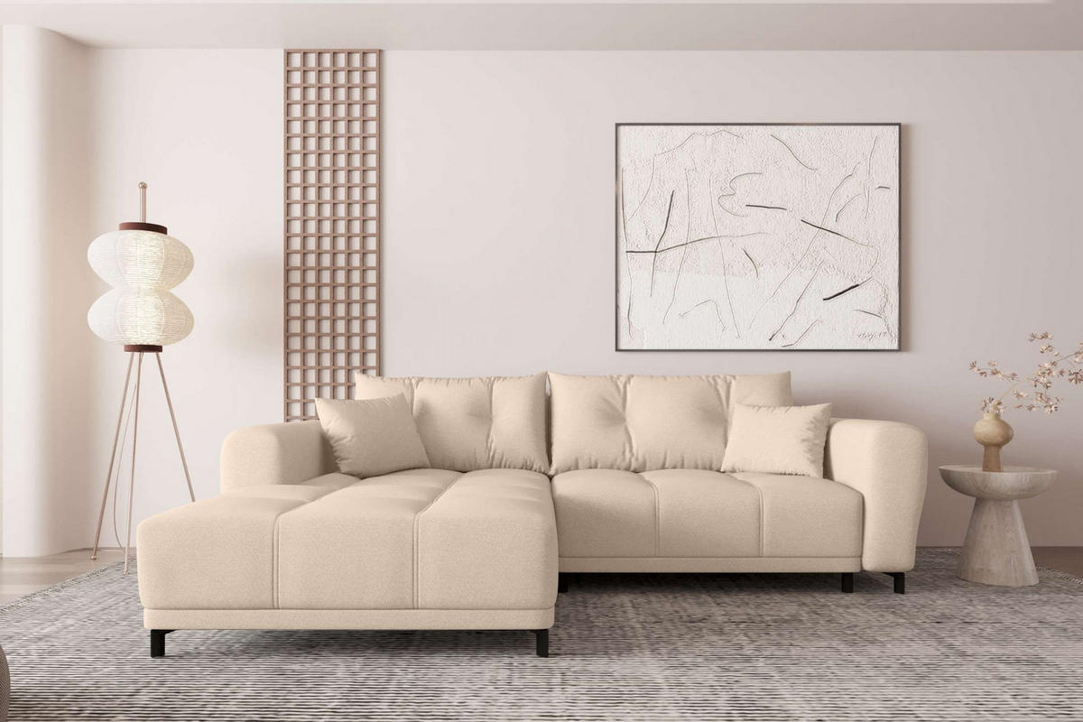 ECKSOFA Massimo Strukturstoff Beige inkl. Schlaffunktion Links - Beige/Schwarz, Textil/Metall (246/177cm) - 99rooms