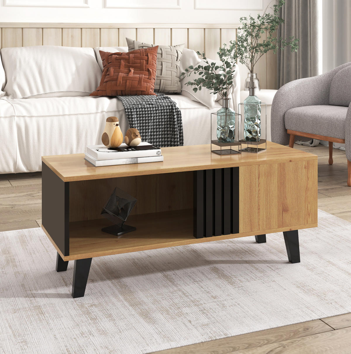 COUCHTISCH 100/60/45 cm Natur aus Glas und Spanplatte mit Stauraum - Naturfarben, Holzwerkstoff (100/60/45cm) - OKMYHOME