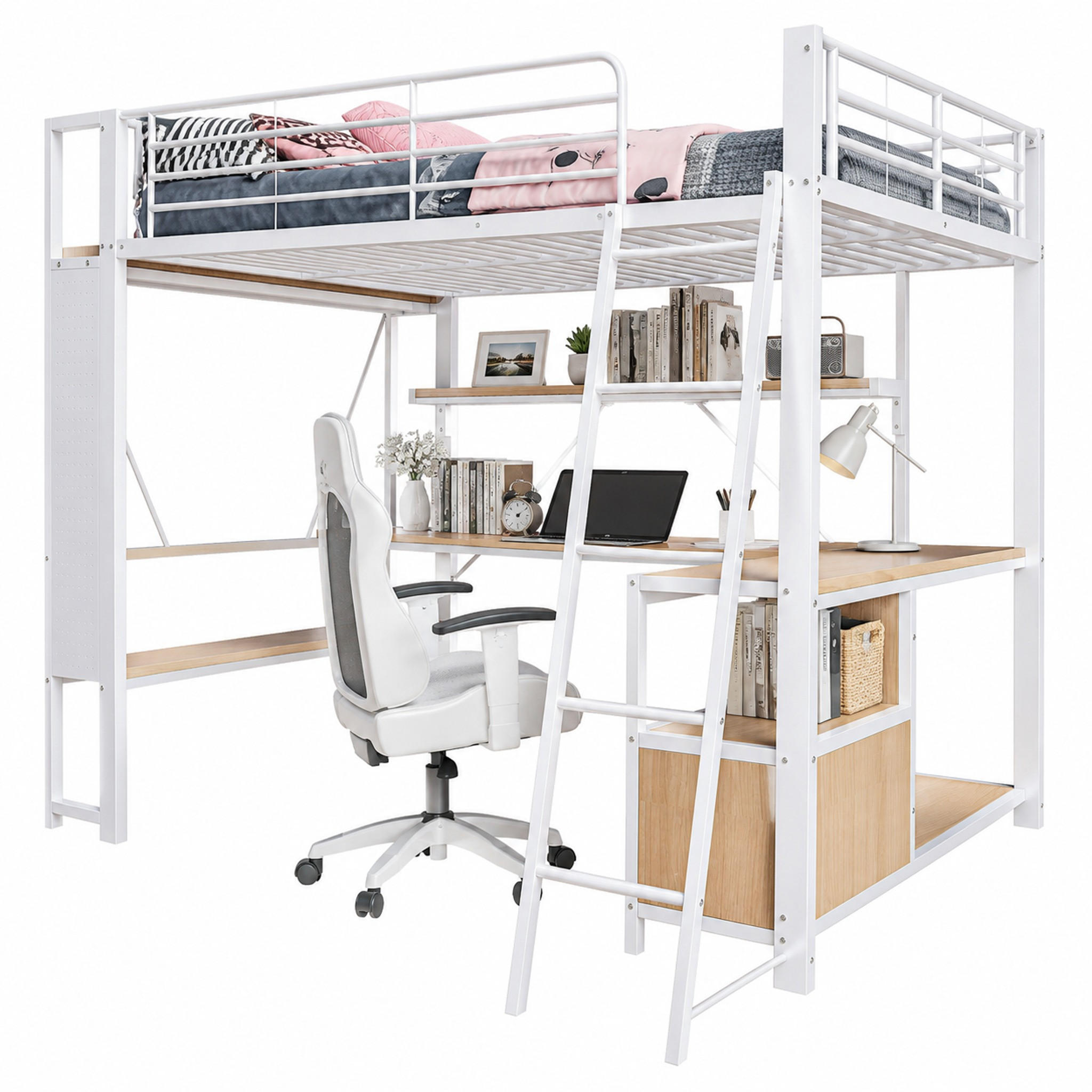 HOCHBETT mit Schreibtisch 140x200 cm Metall Weiß - Weiß, Metall (140/200cm) - Meubliv