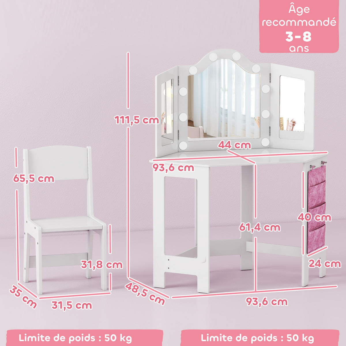 KINDERSCHMINKTISCH DE-18637 2-in-1 mit LED-Triptychonspiegel Weiß - Weiß, Holzwerkstoff (48.5/111.5/93.6cm) - ComfortXL