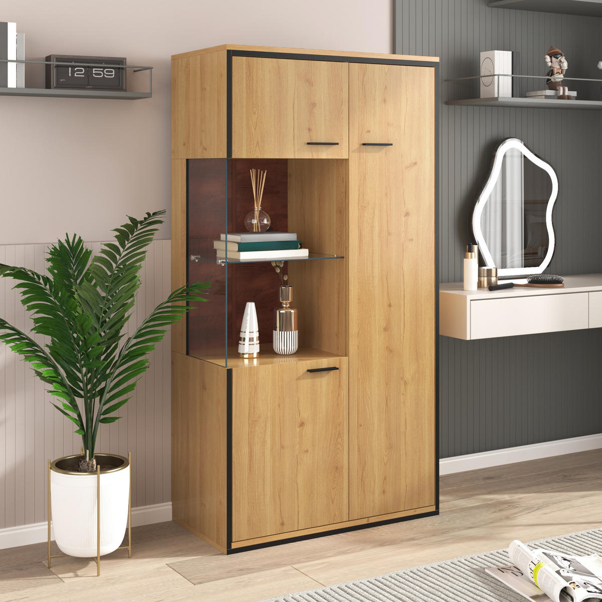 VITRINE 40/77,5/150 cm naturfarben aus MDF mit Glastür und LED - Naturfarben, Holzwerkstoff (77.5/150/40cm) - OKWISH