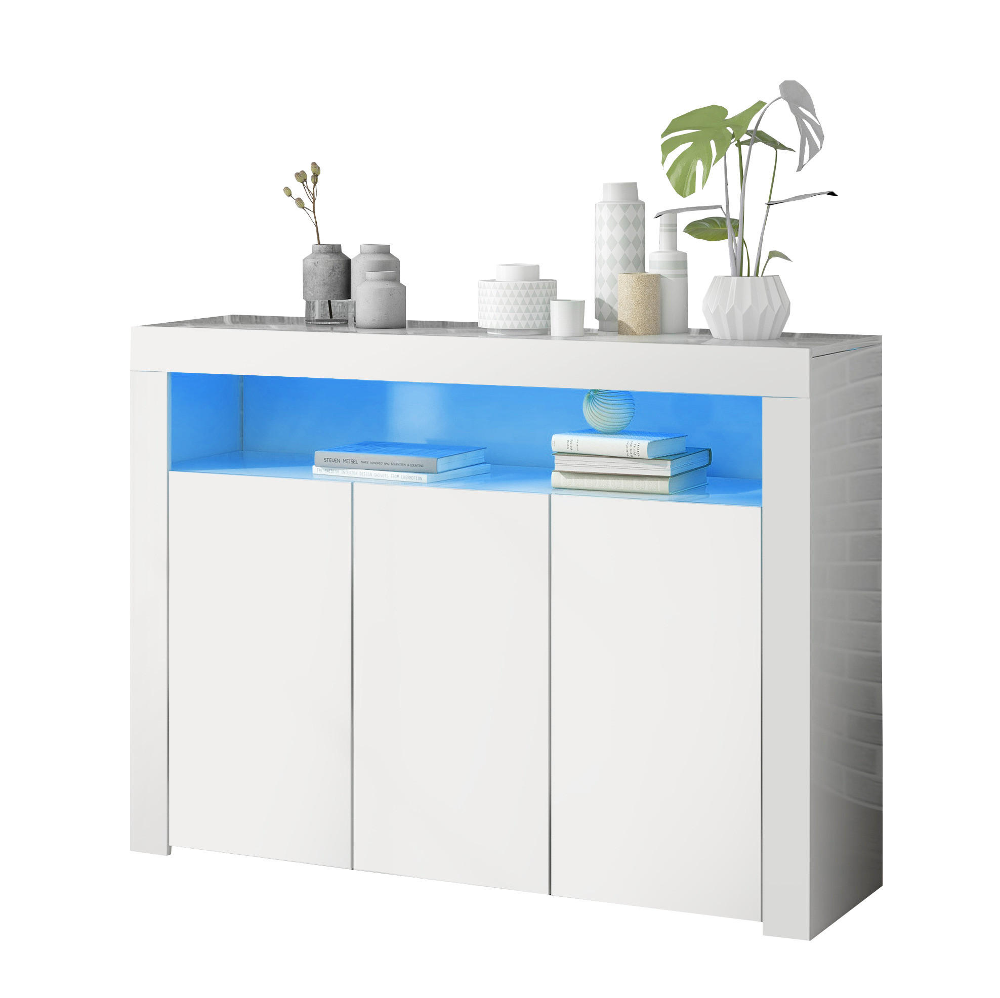 SIDEBOARD 130/35/95 cm Weiß aus Spanplatte mit LED-Beleuchtung - Weiß, Holzwerkstoff (130/95/35cm) - OKWISH
