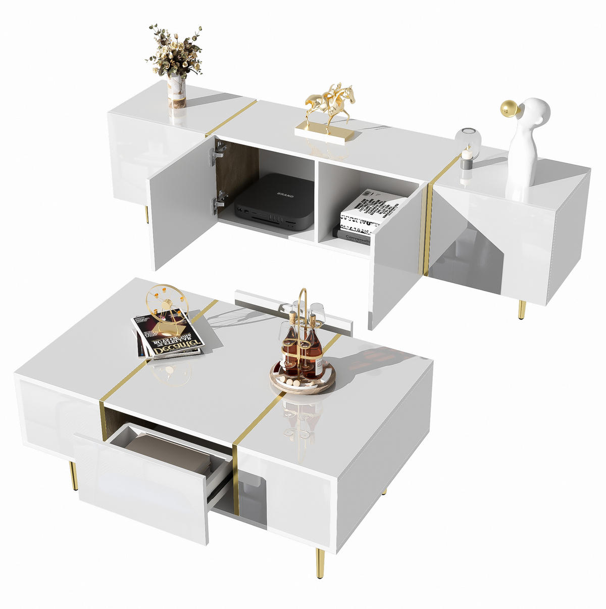TV-LOWBOARD- und Couchtisch-Set aus MDF Weiß Hochglanz 170x35x46 cm mit Stauraum - Weiß, Holzwerkstoff (170/46/35cm) - IVMEU