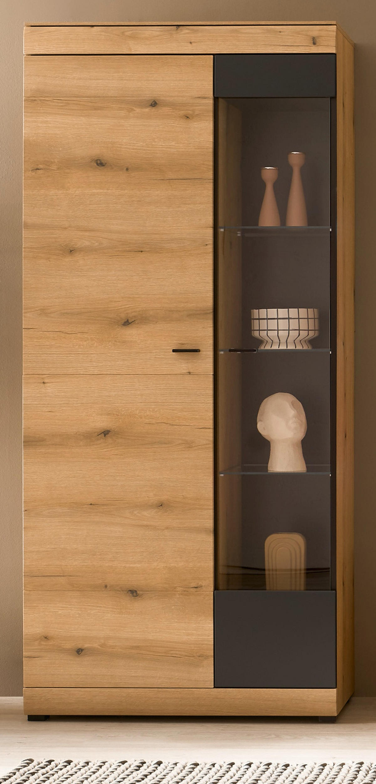 VITRINE in Eiche, grau 90 x 201 cm, Vitrinenschrank mit Soft-Close - Eichefarben/Schwarz, Glas/Holzwerkstoff (90/201/35cm) - Furn.Design
