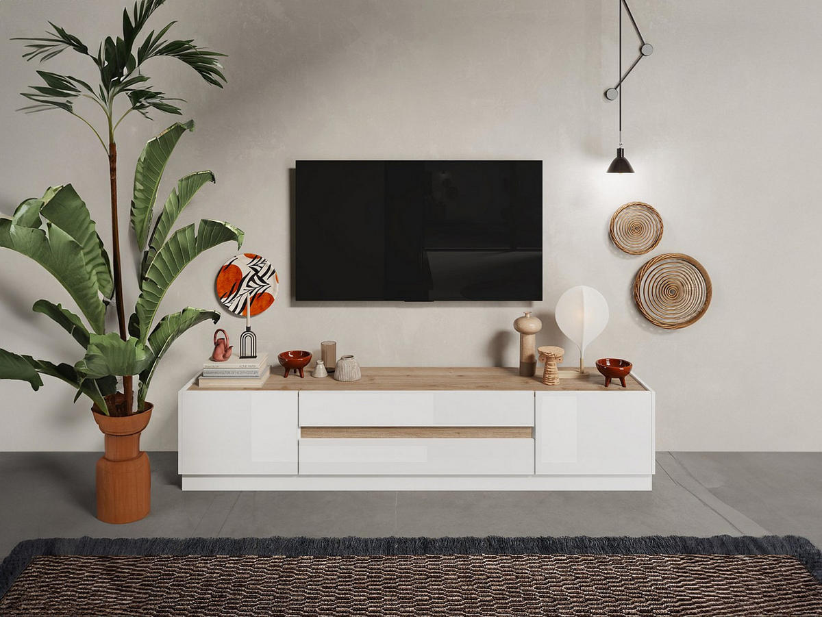 TV-MÖBEL - 2 Türen & 2 Schubladen - Weiß lackiert und Holzfarben - EMORA - Naturfarben, Holz (39.8/43.2/204.7cm) - Vente-Unique