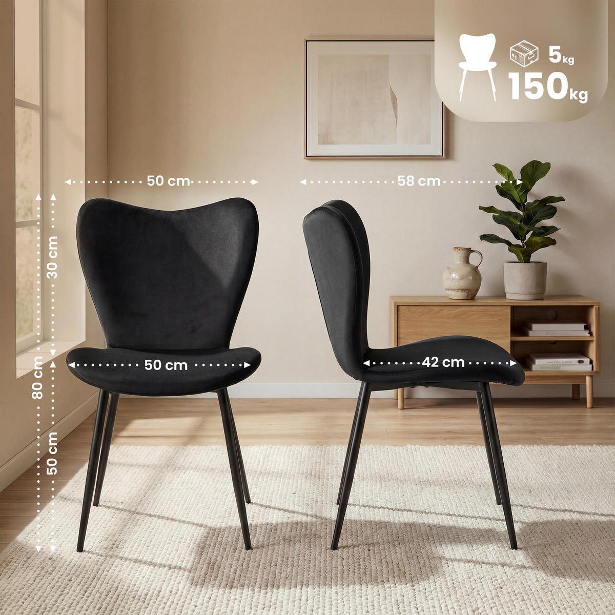 ESSZIMMERSTUHL Samt Schwarz - Schwarz, Textil/Metall (50/80/58cm) - CLP