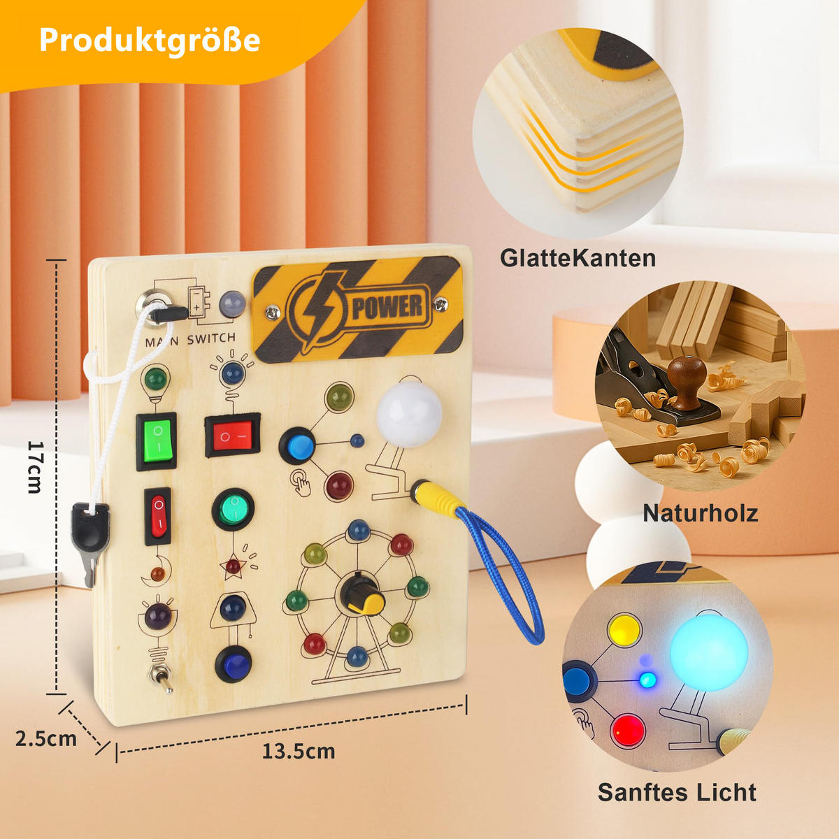 LERNSPIELZEUG Montessori Busy Board ab 3 Jahren - Naturfarben, Holz (13.5/17cm) - Kaket