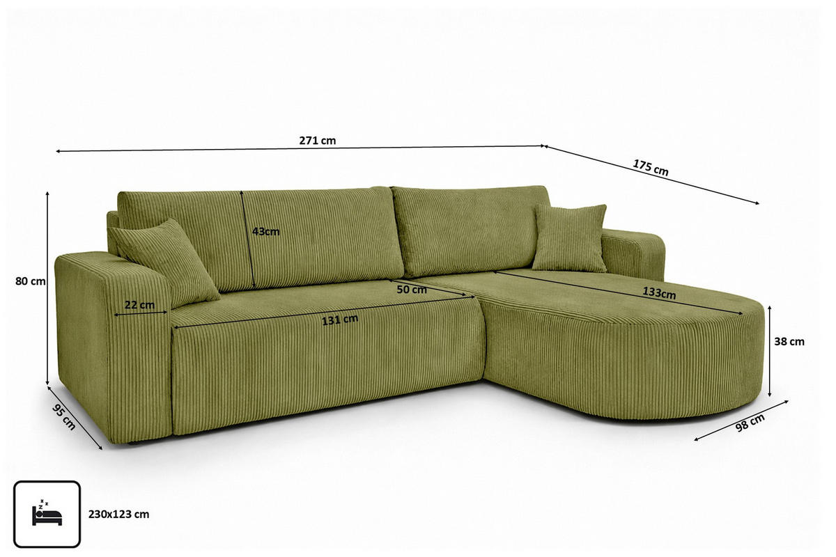 ECKSOFA Mit Schlaffunktion, Cordstoff Poso, Olive, Rechts, ROUND ONE XL - Olivgrün, Holz (271/175cm) - Kaiser Möbel