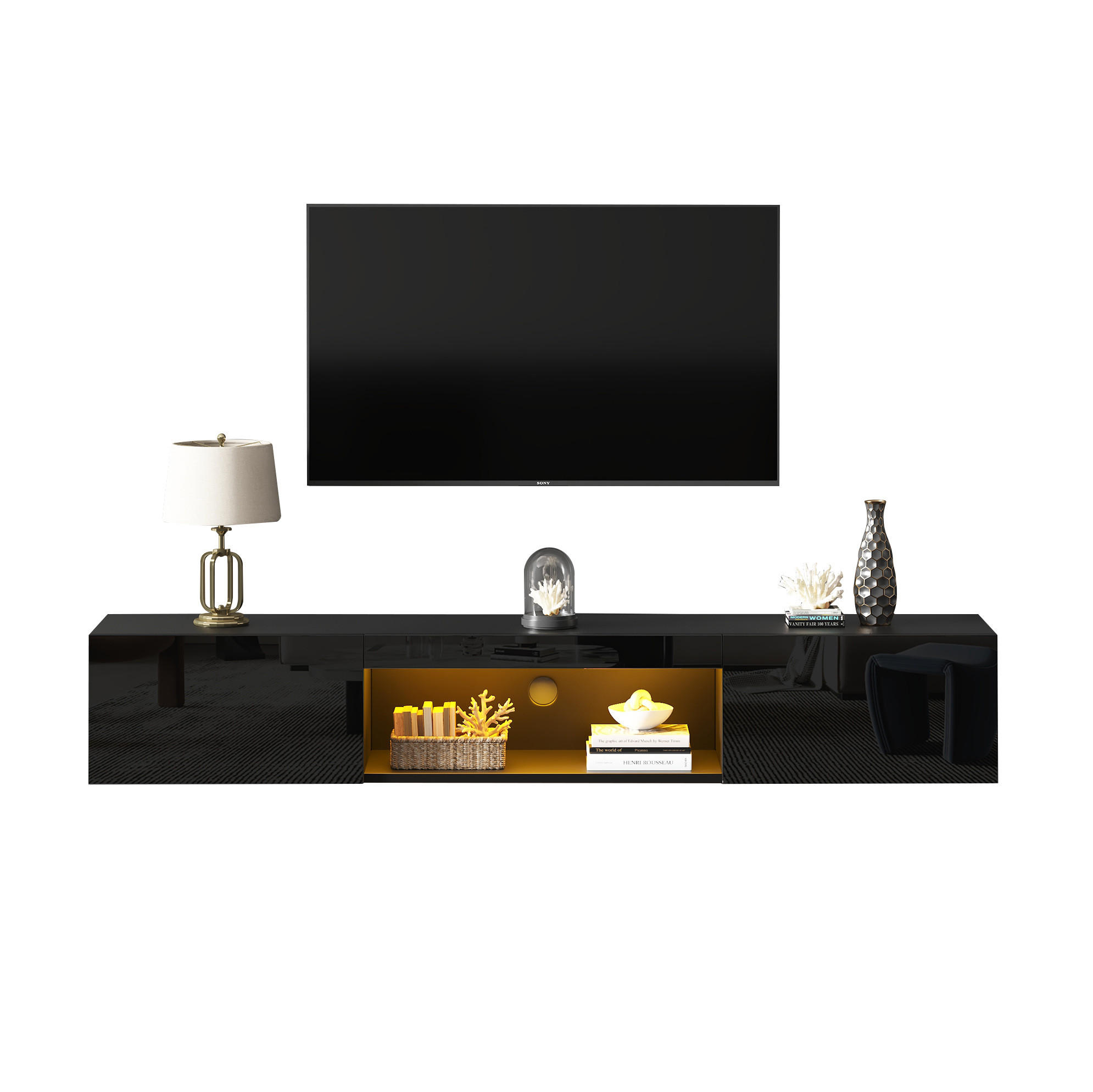 TV-ELEMENT wandhängend 160 cm Hochglanz Schwarz mit LED - Schwarz, Holzwerkstoff (31/22/160cm) - Beauniv