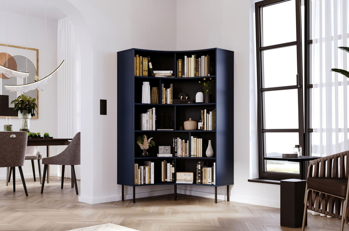 BÜCHERREGAL Horn, Marinblau, Bogenform, 10 Fächern - Schwarz/Dunkelblau, Holzwerkstoff/Metall (100/181/32cm) - Skandica