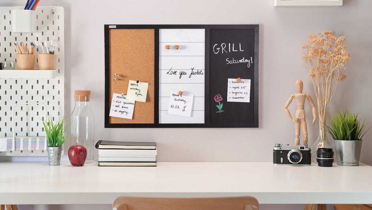 3-IN-1-KOMBITAFEL: Whiteboard, Kreide (magnetisch) und Kork, 60x40 cm - Multicolor, Holz (60/40/1.4cm) - ALLboards