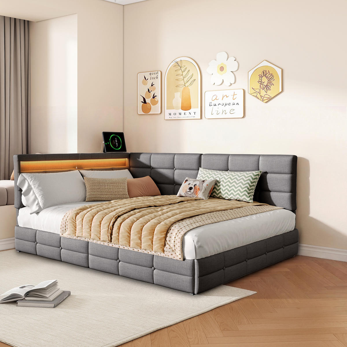 POLSTERBETT 140x190cm Tagesbett mit LED-Beleuchtung und Schublade – Leinen Grau - Grau, Textil (140/190cm) - DELFA