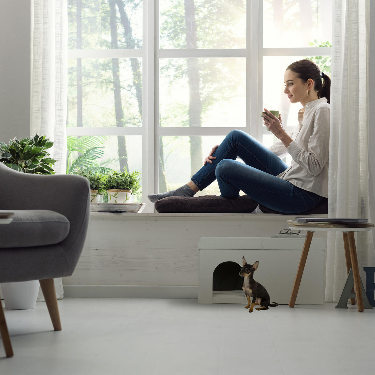 KATZENHÖHLE - Beige, Holzwerkstoff/Textil (74.5/38.5/37cm) - Relaxdays