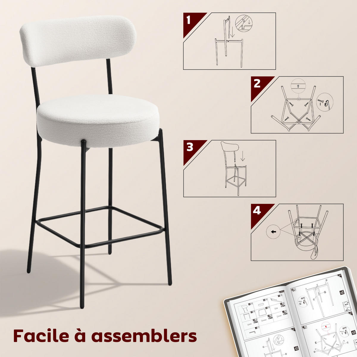 BARHOCKER 2er-Set DE-14785 gepolstert mit Fußstütze Creme - Creme, Metall (49/95/52cm) - ComfortXL