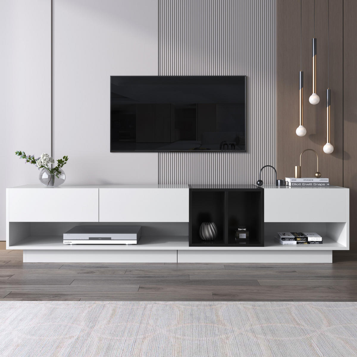 TV Lowboard 190x40x34 cm, 3 Schubladen, Weiß Schwarz - Weiß, Glas (190/34/40cm)