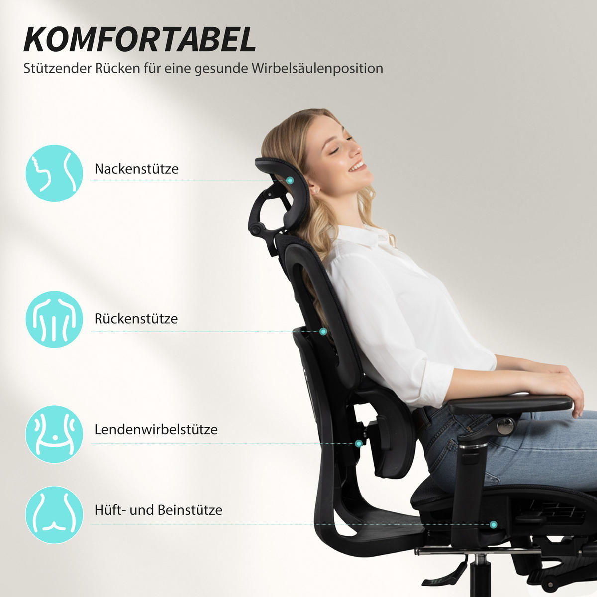 BÜROSTUHL Ergonomisch Schreibtischstuhl mit verstellbar Lenden- und Kopfstütze 6D-Klapparmlehnen Fußstütze Netz Schwarz - Schwarz, Textil (67/133/71cm)