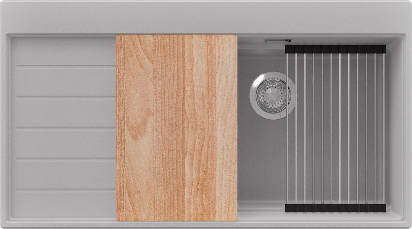 SPÜLBECKEN Sydney, 2-er set Grau 90/50 cm 1 Becken + Ablauf-Set + Küchenzubehörset ab 60er Unterschrank - Chromfarben/Beige, Kunststoff (90/20/50cm) - Primagran