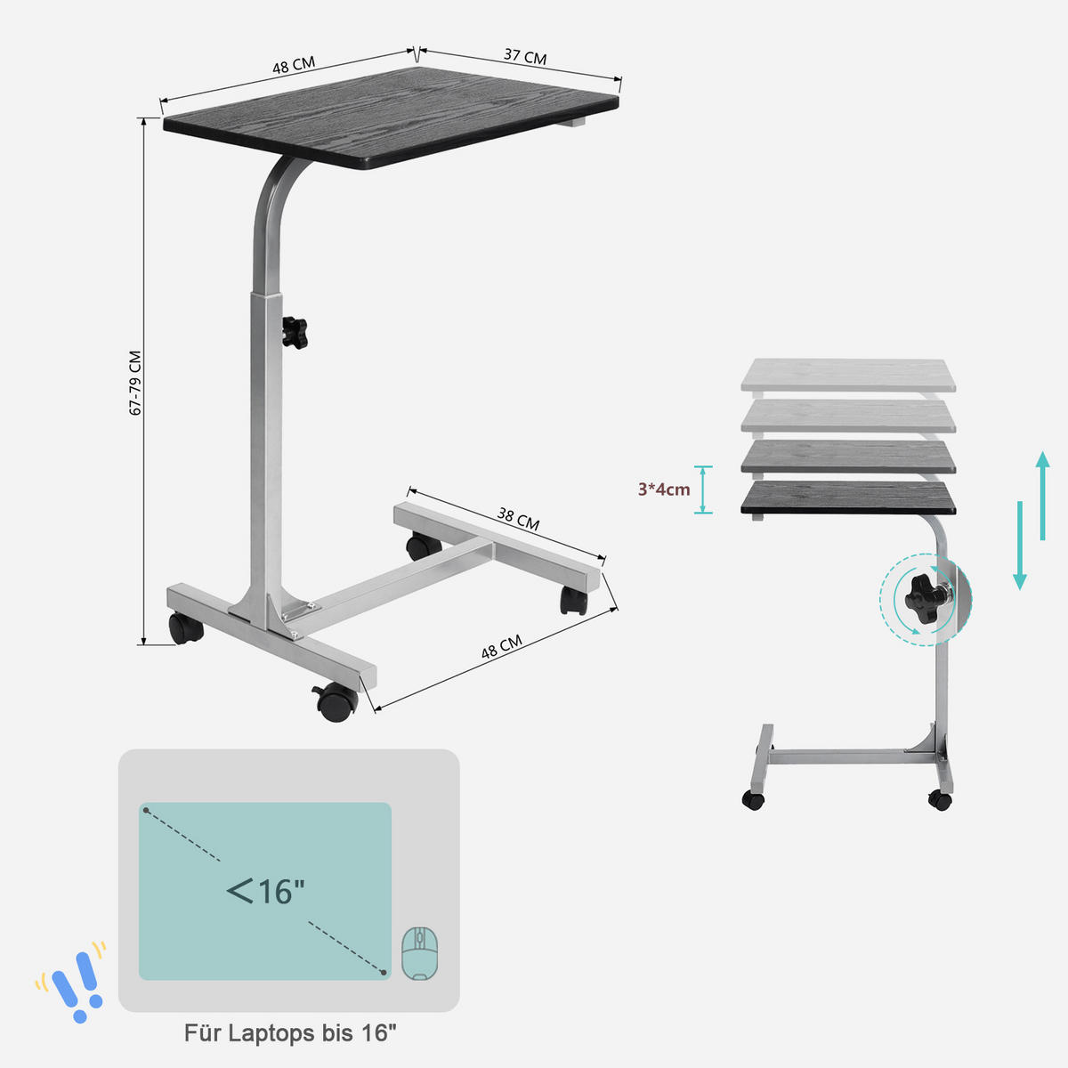 LAPTOP-BEISTELLTISCH, höhenverstellbar, mit 4 Rollen, für Bett und Sofa, Silber - Schwarz, Holzwerkstoff/Metall (48/37/79cm) - Meubles Cosy