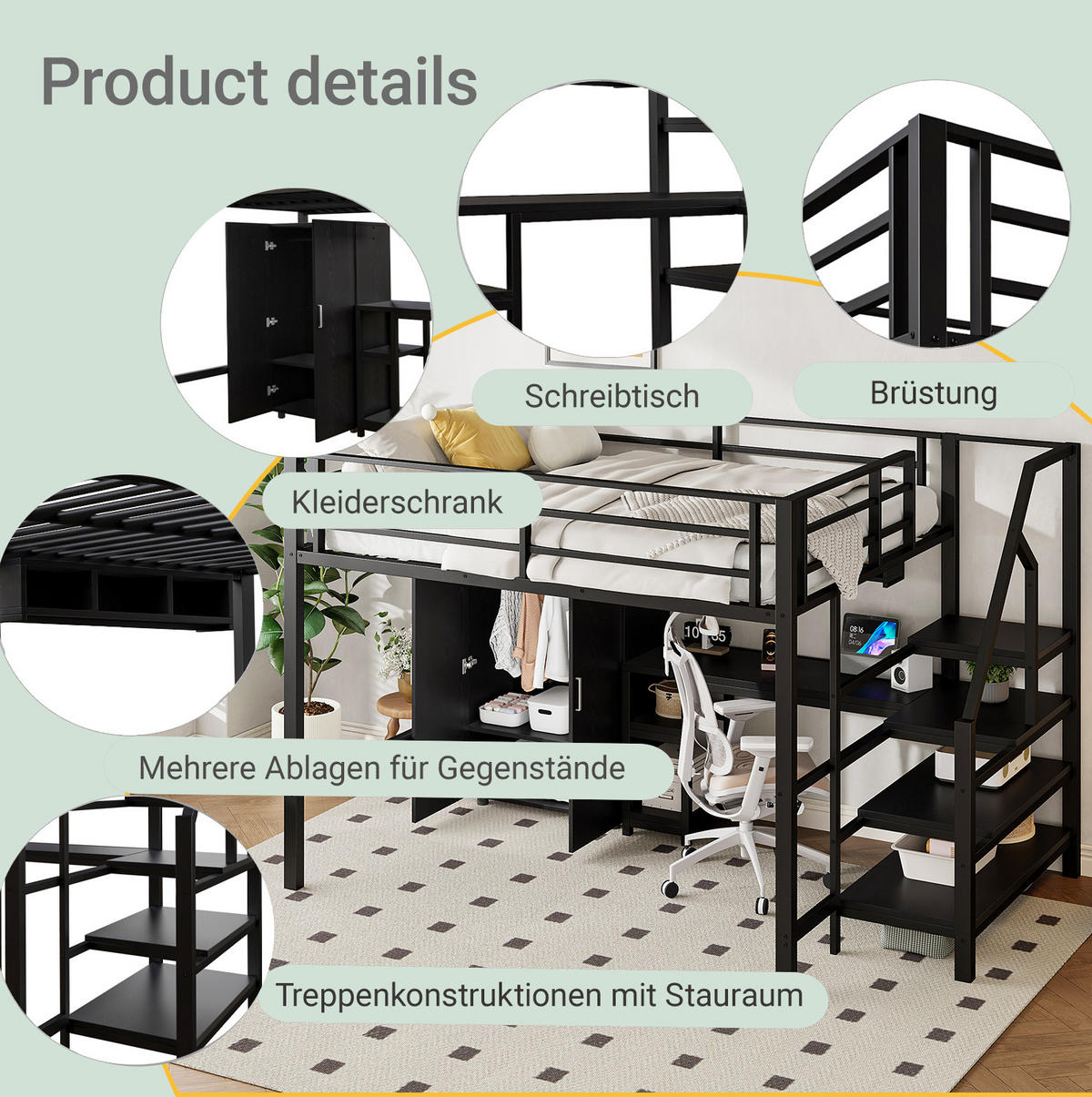 HOCHBETT 140/200 cm mit Kleiderschrank und Schreibtisch, Schwarz - Schwarz, Metall (140/200cm) - Flora Grace