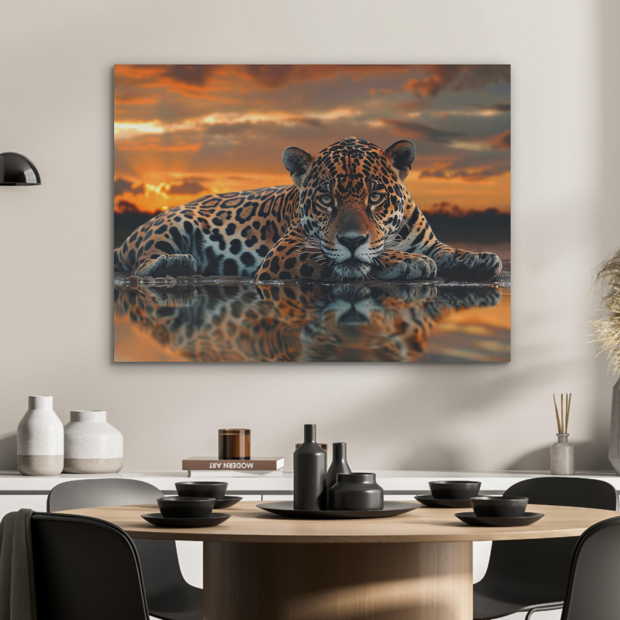 AKUSTIKPANEEL Natur - Leopard - Tier - Sonnenuntergang - Modern 80x60 cm - Orange, Textil (80/0.9/60cm) - MuchoWow