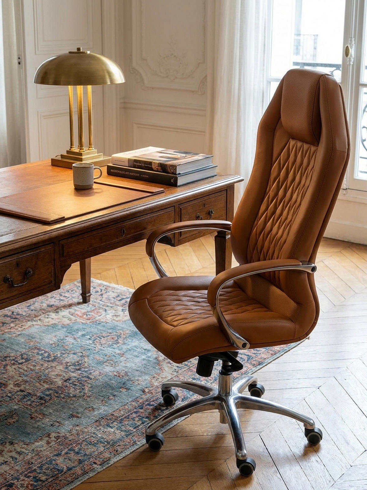 CHEFSESSEL Echtleder mit Multiblockwippmechanik, Lendenwirbelstütze und Aluminiumfußkreuz MILANO, Beige 70x67x136 cm - Beige/Silberfarben, Leder/Metall (70/136/67cm) - KADIMA DESIGN