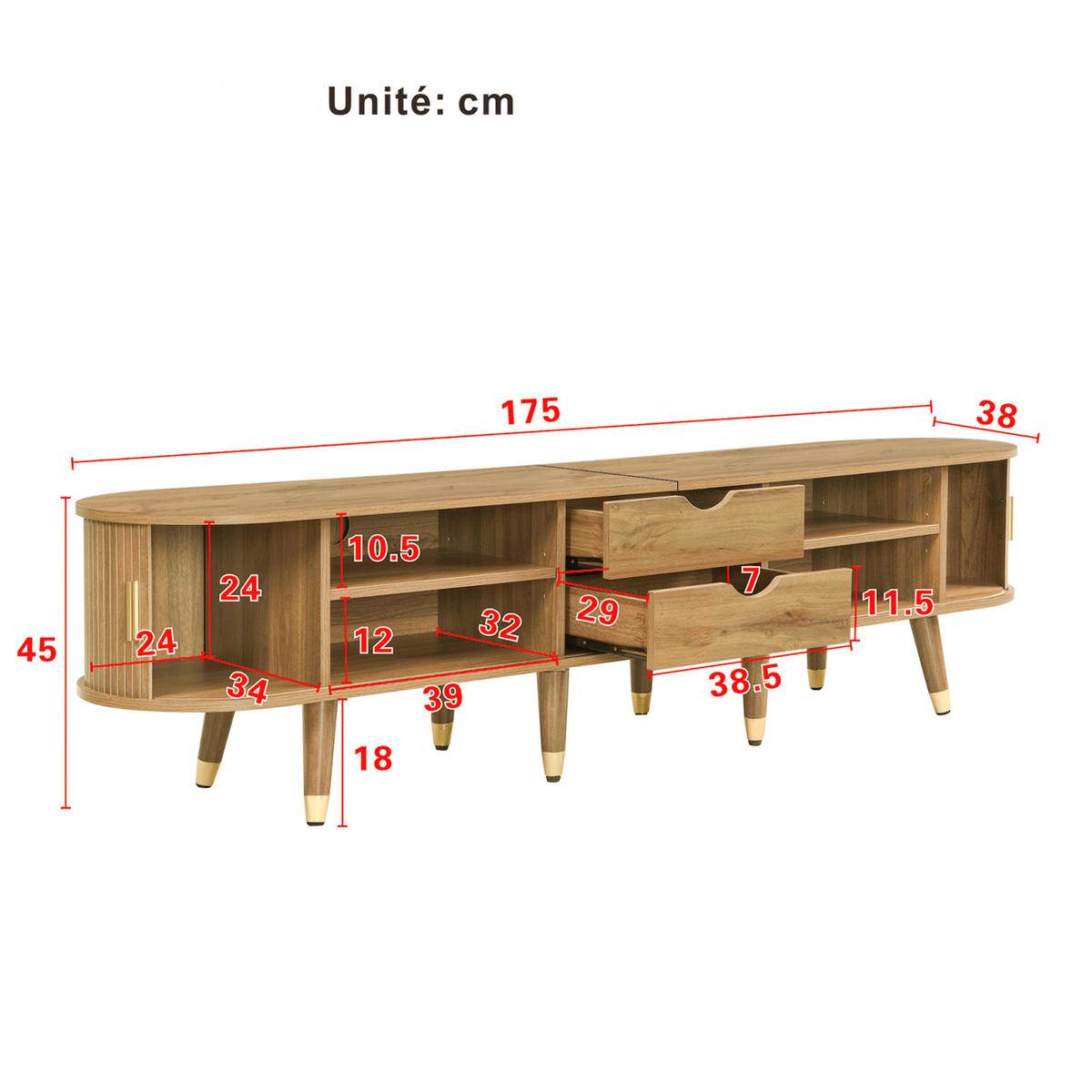 TV-LOWBOARD mit 2 Schubladen und 2 Türen, Wohnzimmermöbel, MDF, naturfarben - Hellbraun, Holz (38/45/175cm) - GENKI LIVING