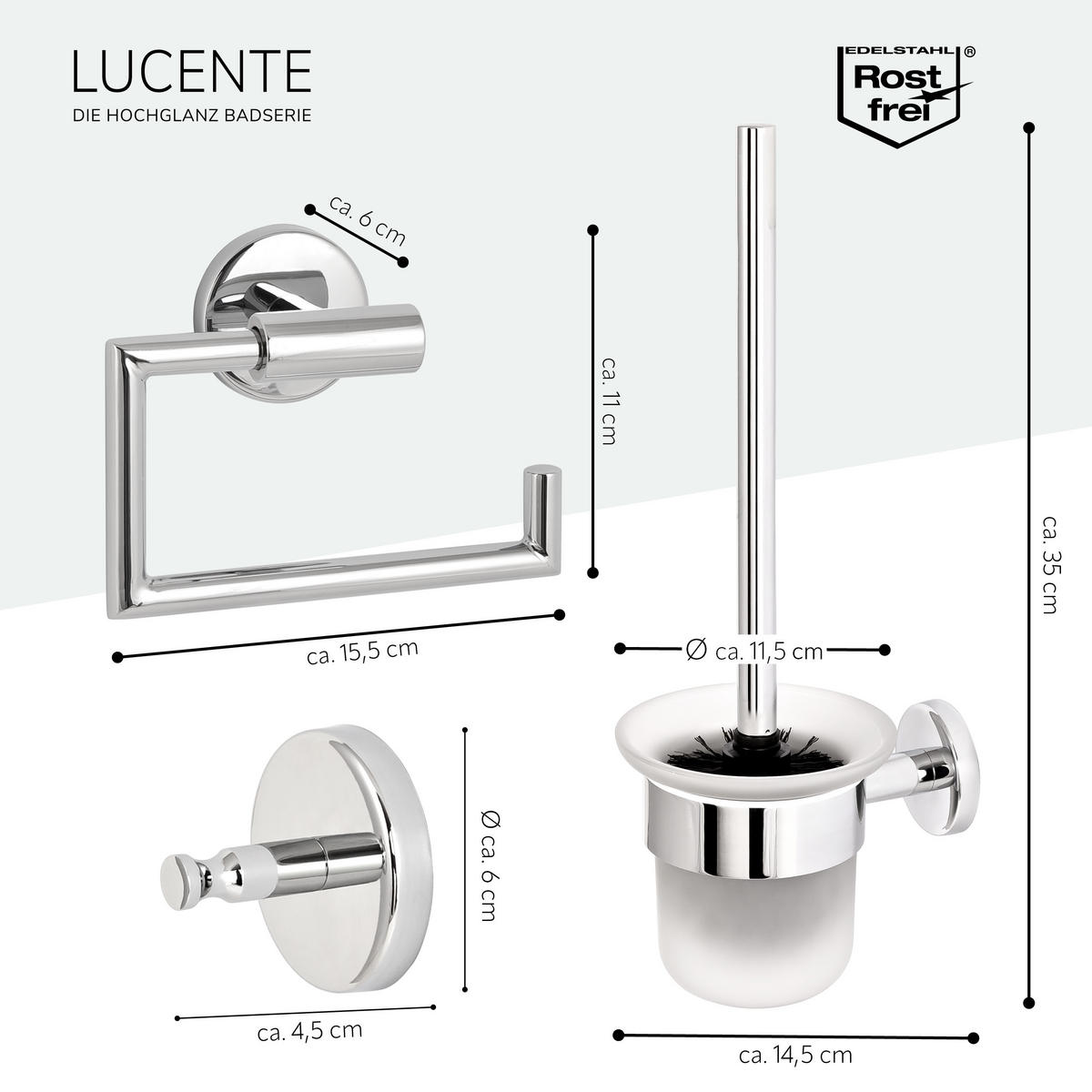 BADEZIMMER-ZUBEHÖR-SET LUCENTE 3tlg, Edelstahl, verchromt - Chromfarben, Metall (14.5/35/11.5cm) - bremermann