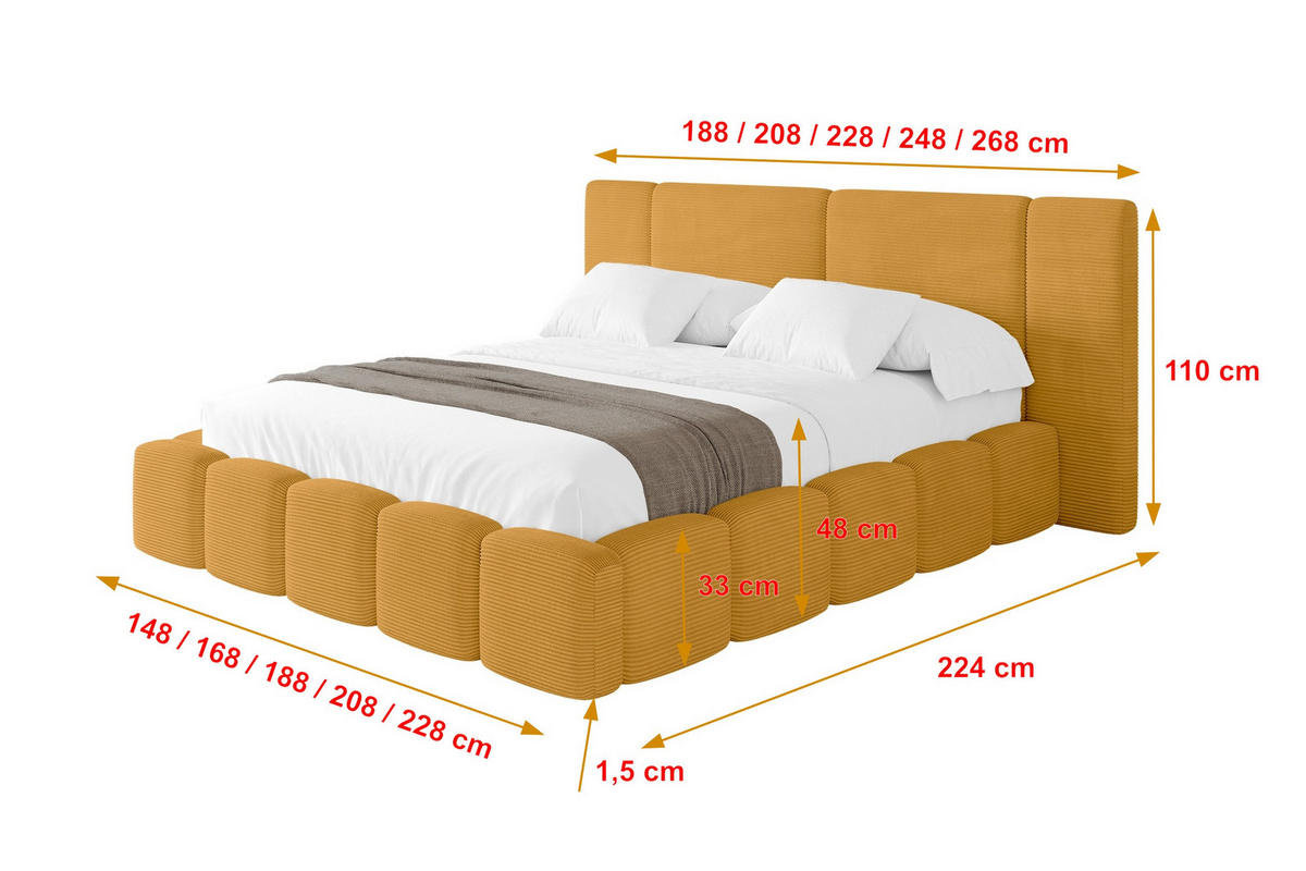 POLSTERBETT mit Bettkasten und Lattenrost, Bett mit Matratze H3/H4 - NILO 140x200 Senfgelb - Currygelb, Holzwerkstoff/Textil (140/200cm) - ALTDECOR