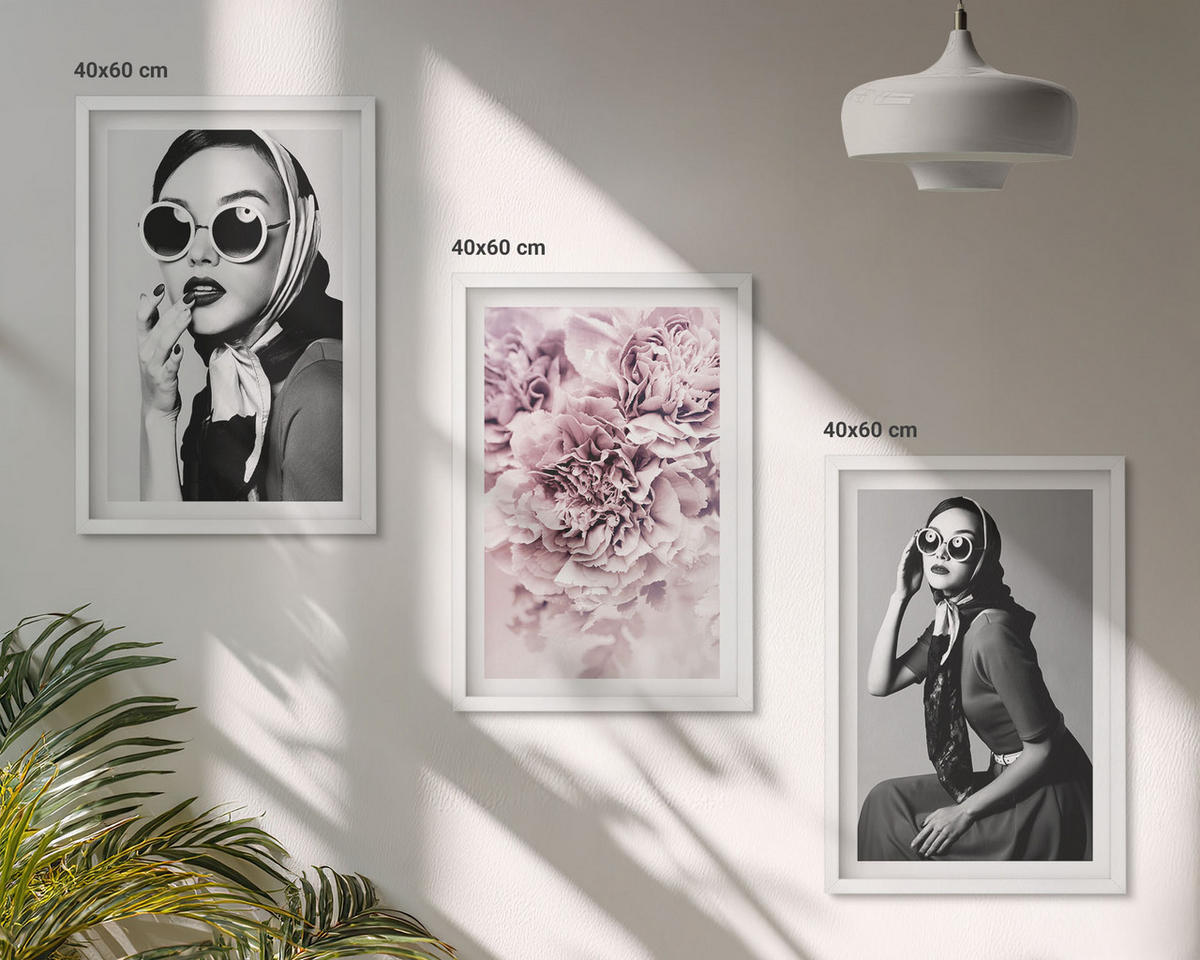 WANDBILDER 3er-Set - 40x60 cm Weißer Rahmen - Stilvolle Porträts von Frauen mit Blumen - Weiß, Kunststoff (40/60cm) - ArtPrintCave