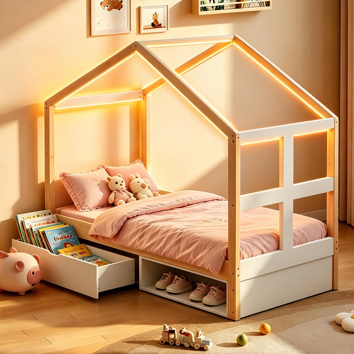 HAUSBETT 90/190 cm in Weiß & Natur mit Schublade, Schuhschrank und LED im Haus-Design - Naturfarben, Holzwerkstoff (90/190cm) - STILVORA