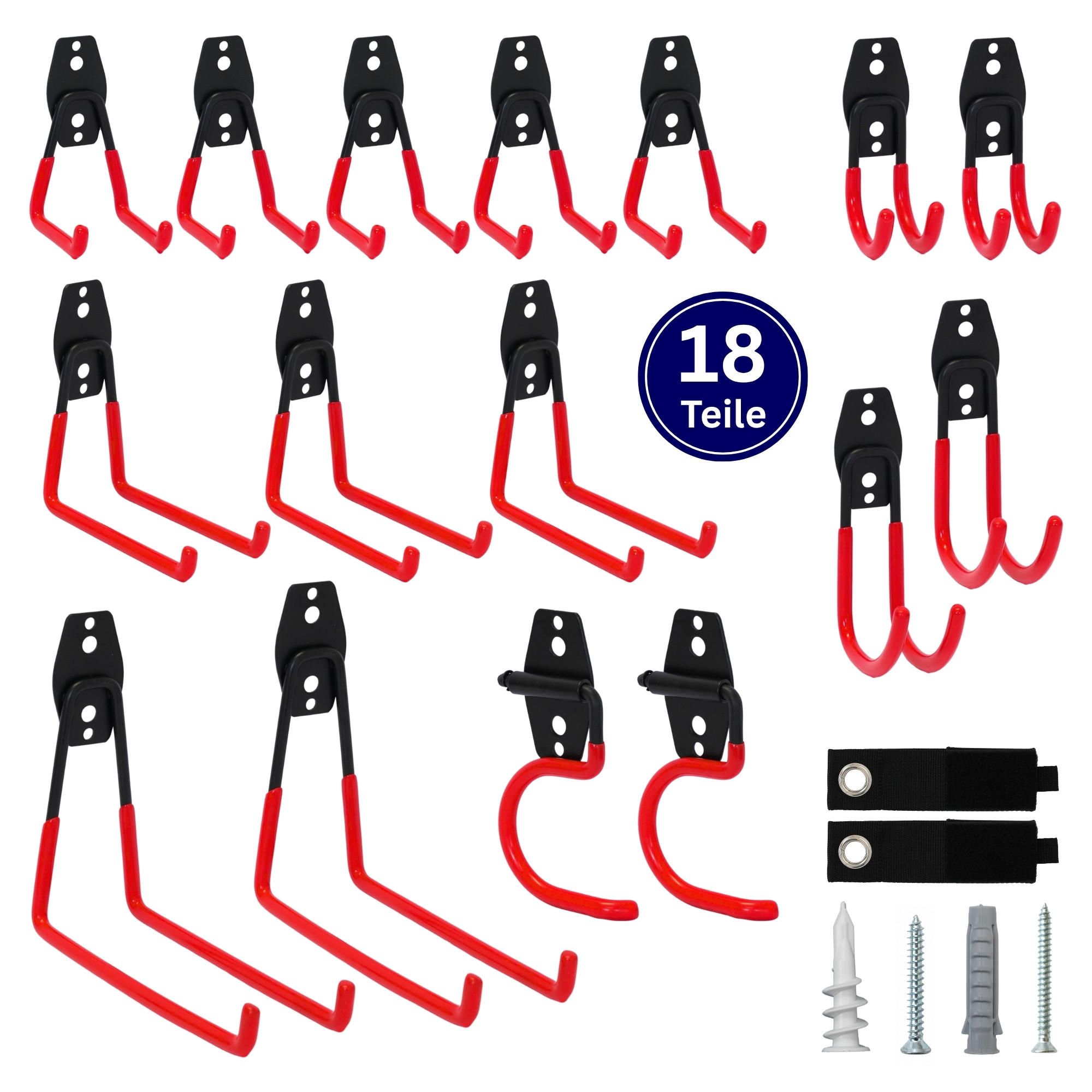 WANDHAKEN für Garage GRIT 18-teiliges Set Rot Gerätehaken Platzsparende Aufbewahrung - Rot, Metall (19/2.5/16cm) - PROREGAL