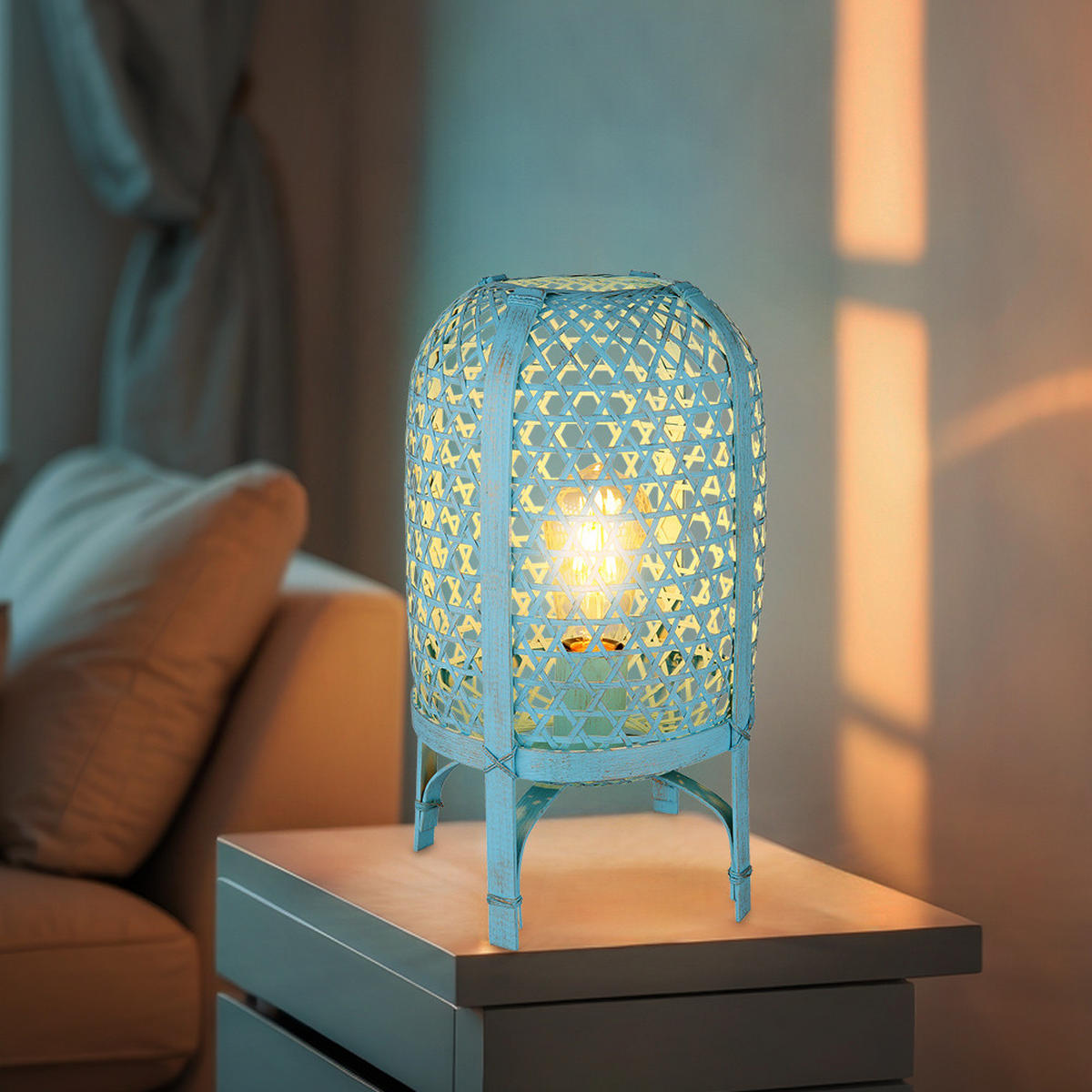 LED TISCHLEUCHTE Bambus Blau - Blau, Holz (22/22/37cm) - Globo Lighting