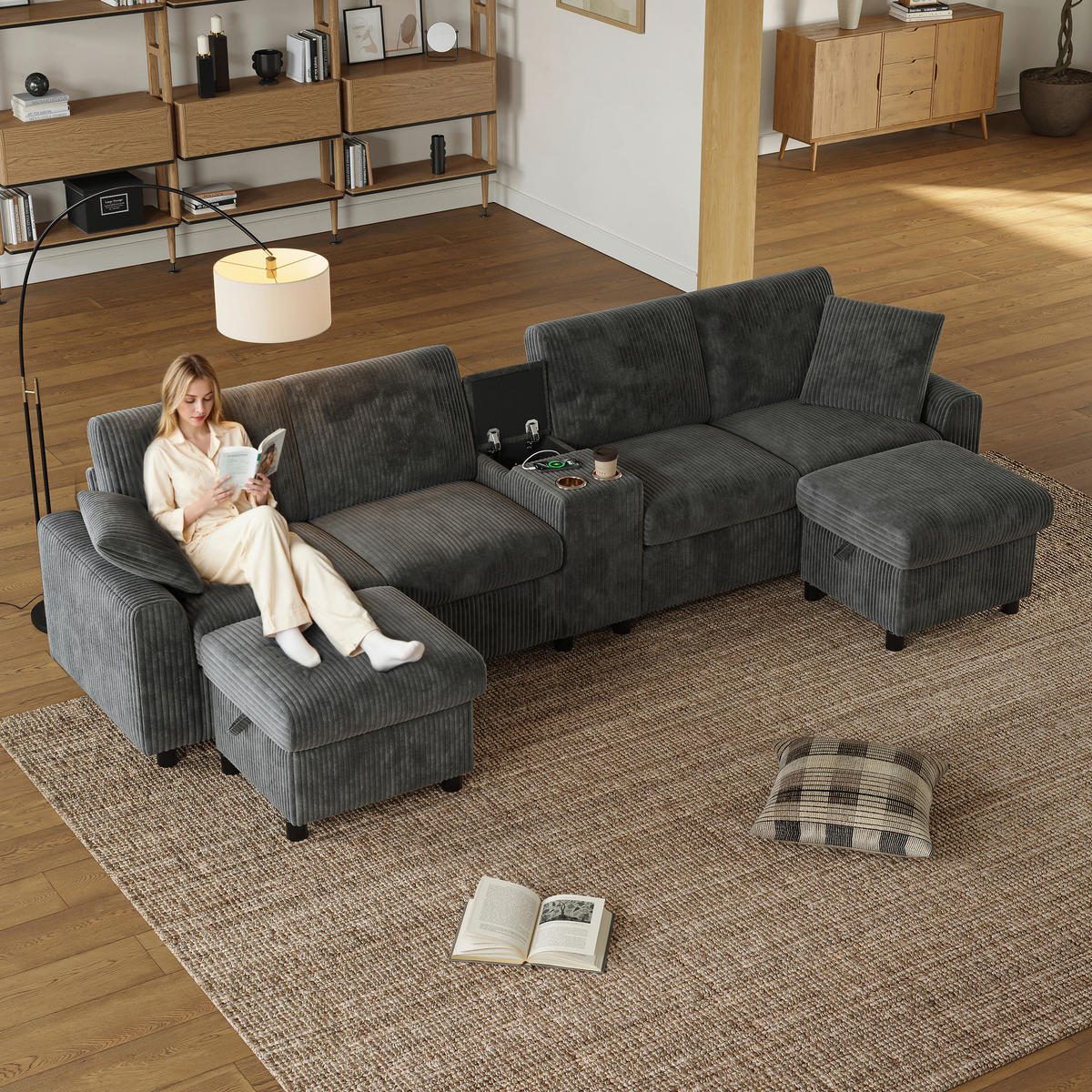 SOFA Grau U-Form Cord Stauraum USB Hocker 315cm Schlaffunktion - Grau, Textil (135/81/315cm) - FLIEKS
