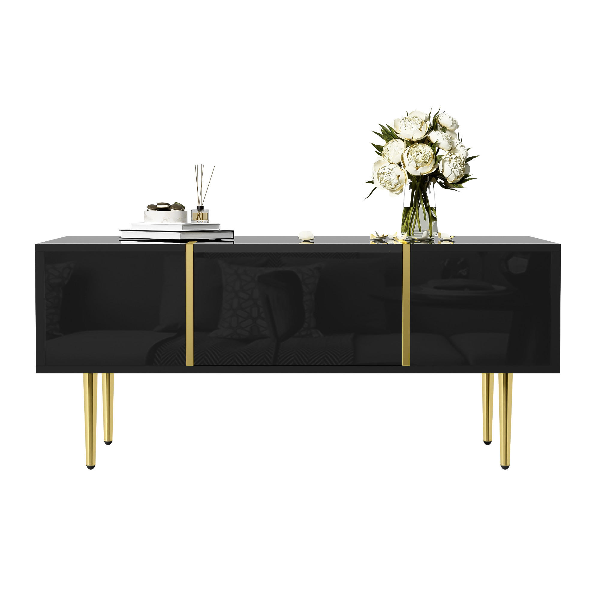 COUCHTISCH 100/60/41.5 cm schwarz aus MDF mit Hochglanz und 2 Schubladen - Schwarz, Holzwerkstoff (100/60/41.5cm) - OKMYHOME