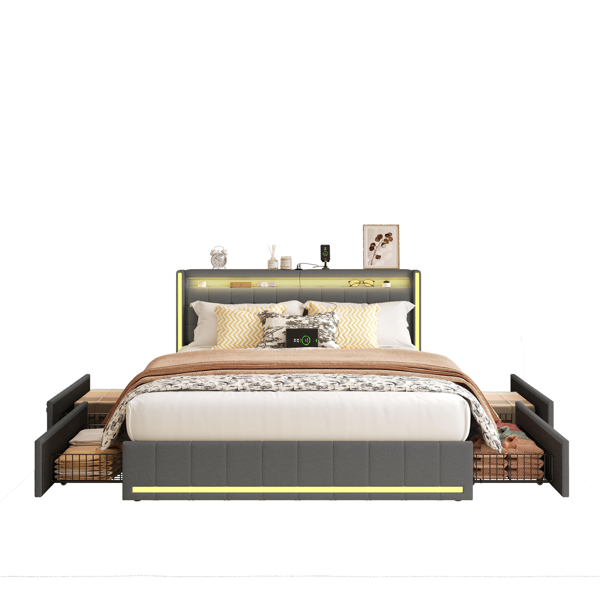 MANŽELSKÁ posteľ 140x190 cm, LED, 4 zásuvky, USB, sivá - sivá, kov - SHOPENTRA