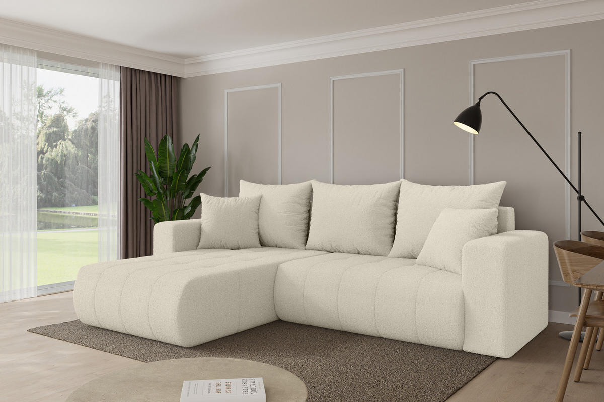 ROHOVÁ SEDAČKA s funkcí spaní, otoman vlevo MILA-L 277x194x86 béžová bouclé - černá/písková barva, kompozitní dřevo/textil (277/194cm) - ALTDECOR