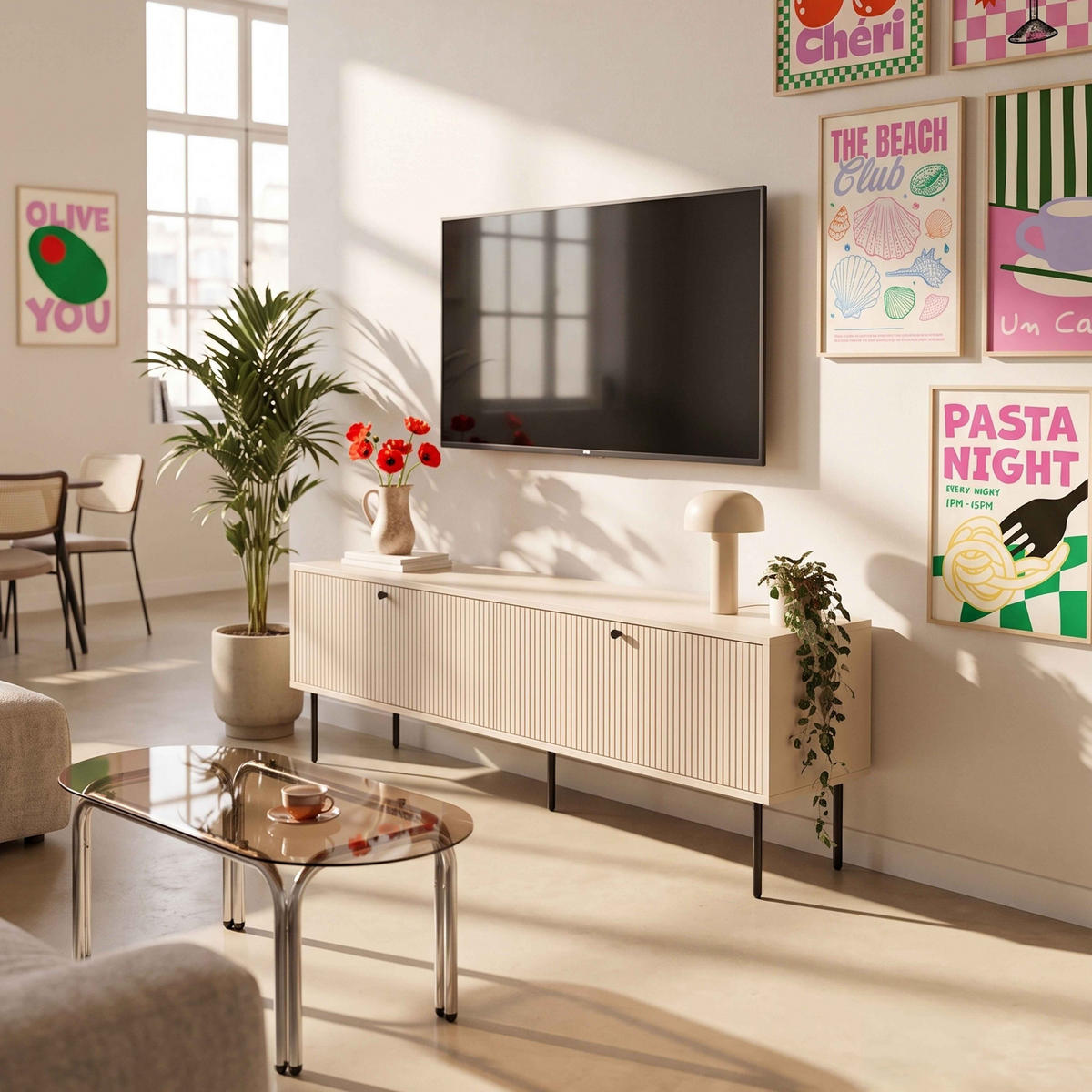 TV-MÖBEL 150 cm, Beige - Beige, Holz/Metall (150/50/40cm) - Oviala