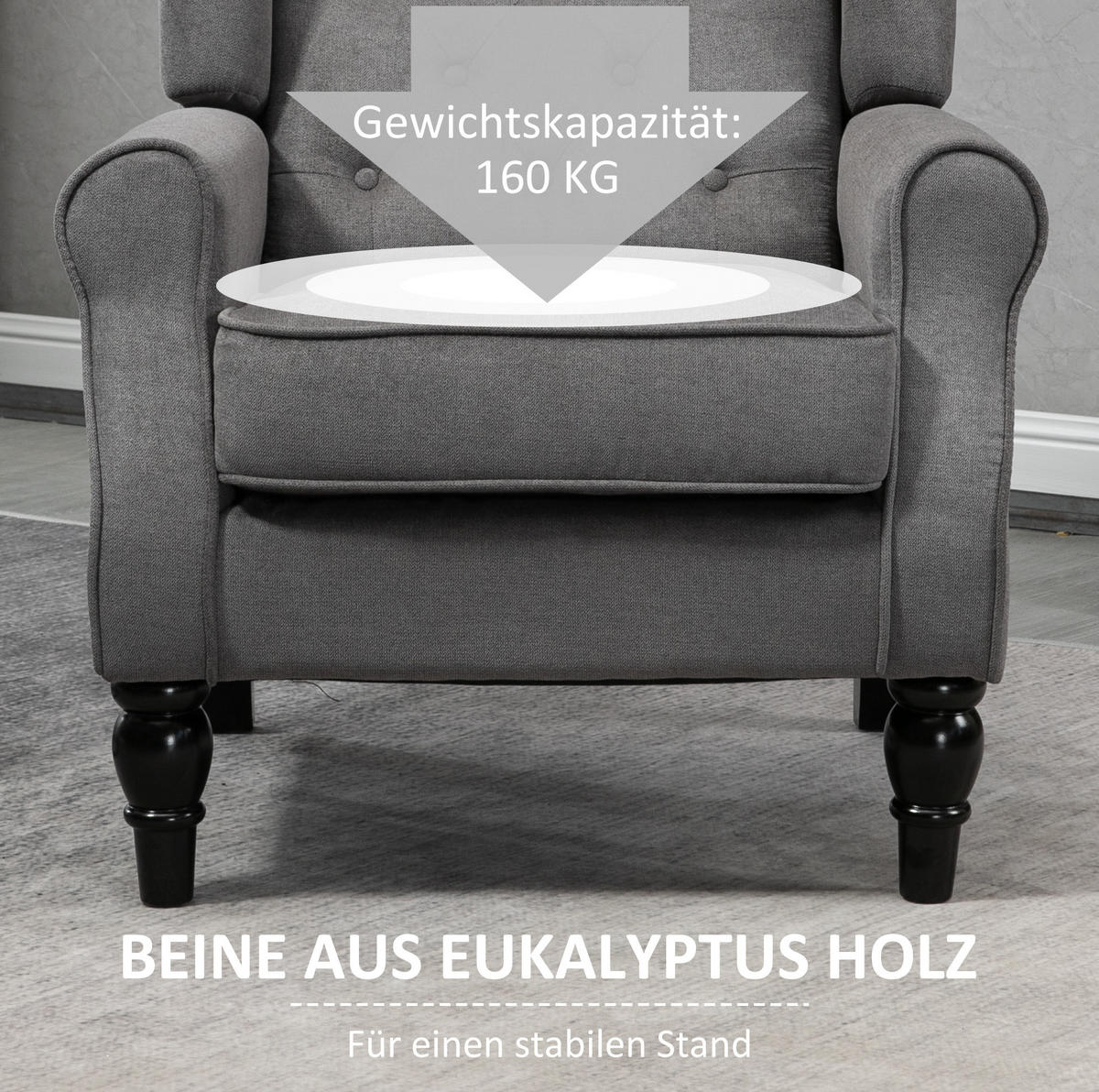 OHRENSESSEL Polyester mit Knopfheftung, Holzfüßen 74/86/102 cm Dunkelgrau - Dunkelgrau, Textil (86/102/74cm) - Redom