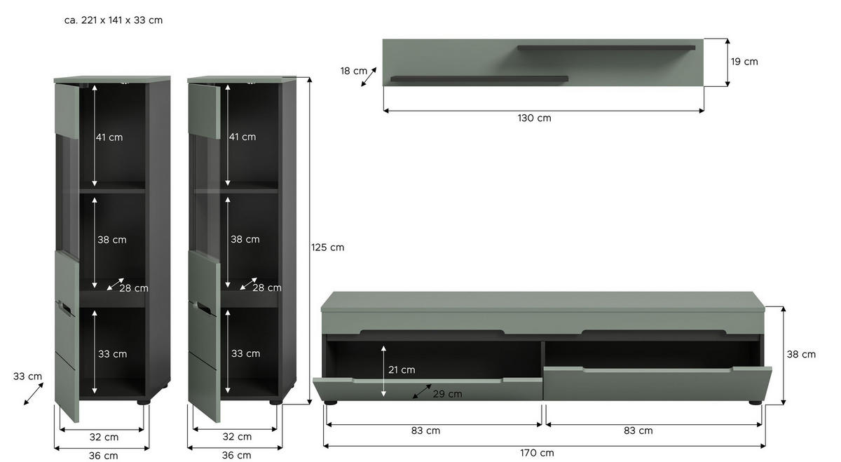WOHNWAND Nova 4 tlg. (B/H/T: ca. 272/141/33 cm) in Basalt grau/Smoke Green - Grau, Holzwerkstoff (272/141/33cm)
