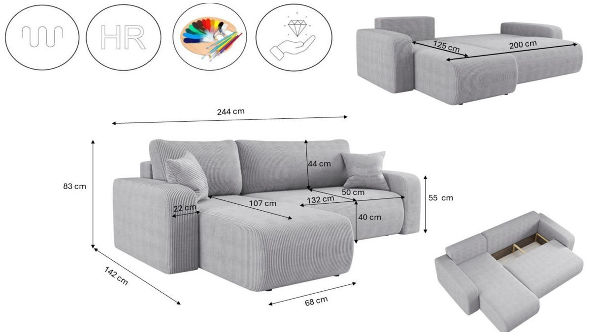 ECKSOFA L-FORM Schlaffunktion Und Bettkasten Eckcouch MILANO L Stoff Dicker Cord Grau Links - Grau, Holz/Textil (142/244cm) - Kaiser Möbel