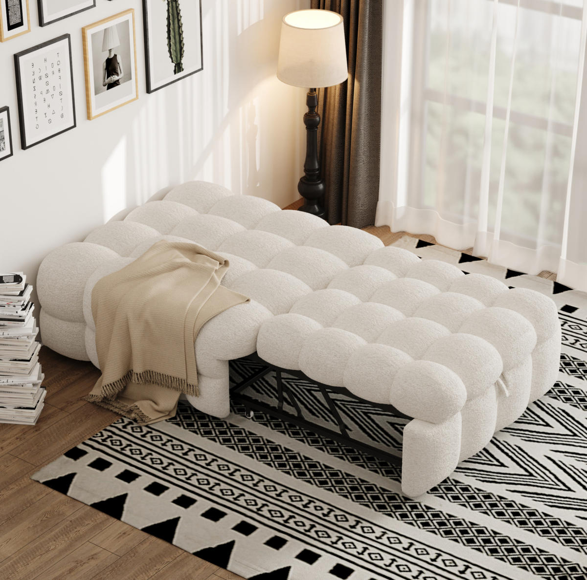 BETT aus Teddy 90x180 cm Beige als 2-in-1-Fußhockerbett, platzsparend und weich gepolstert - Rosa, Textil (70/180cm) - Modfu