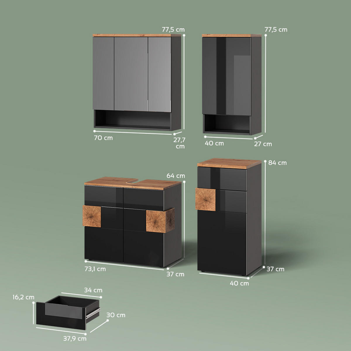 BADMÖBEL-SET Tanaro Anthrazit 4 Teile - Anthrazit/Eiche Artisan, Holzwerkstoff (73/64/37cm) - Livinity®