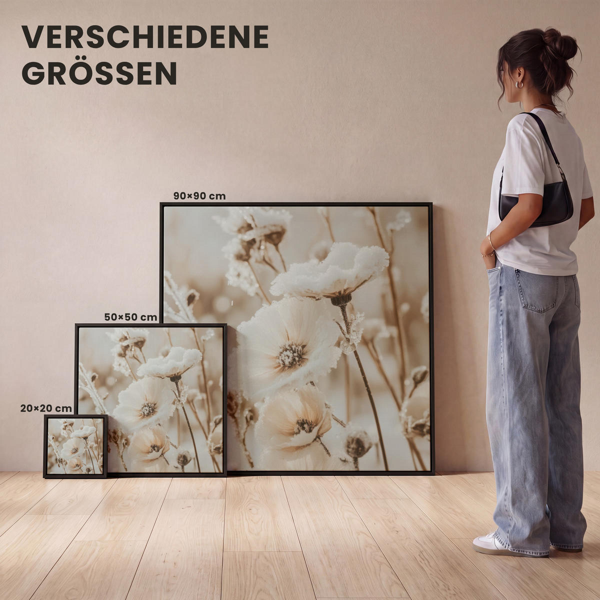 LEINWAND Bilder mit Rahmen - Blumen - Winter - Weiß - Schnee - Beige - 90x90 - Creme, Textil (90/90cm) - MuchoWow