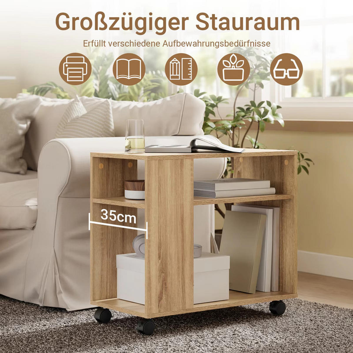 COUCHTISCH mit Rollen 2 Ebenen 70x35x60 cm Ablagefach - Naturfarben, Holz (35/70/60cm) - Kaket