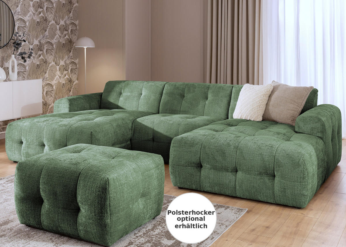 WOHNLANDSCHAFT in U-Form mit raffinierten Steppungen, 6-Sitzer, Wellenunterfederung, B323/T161/H79 cm, Chenille-Bezug in Grün / 21049 - Schwarz/Grün, Kunststoff/Textil (323/79/161cm) - luma-home