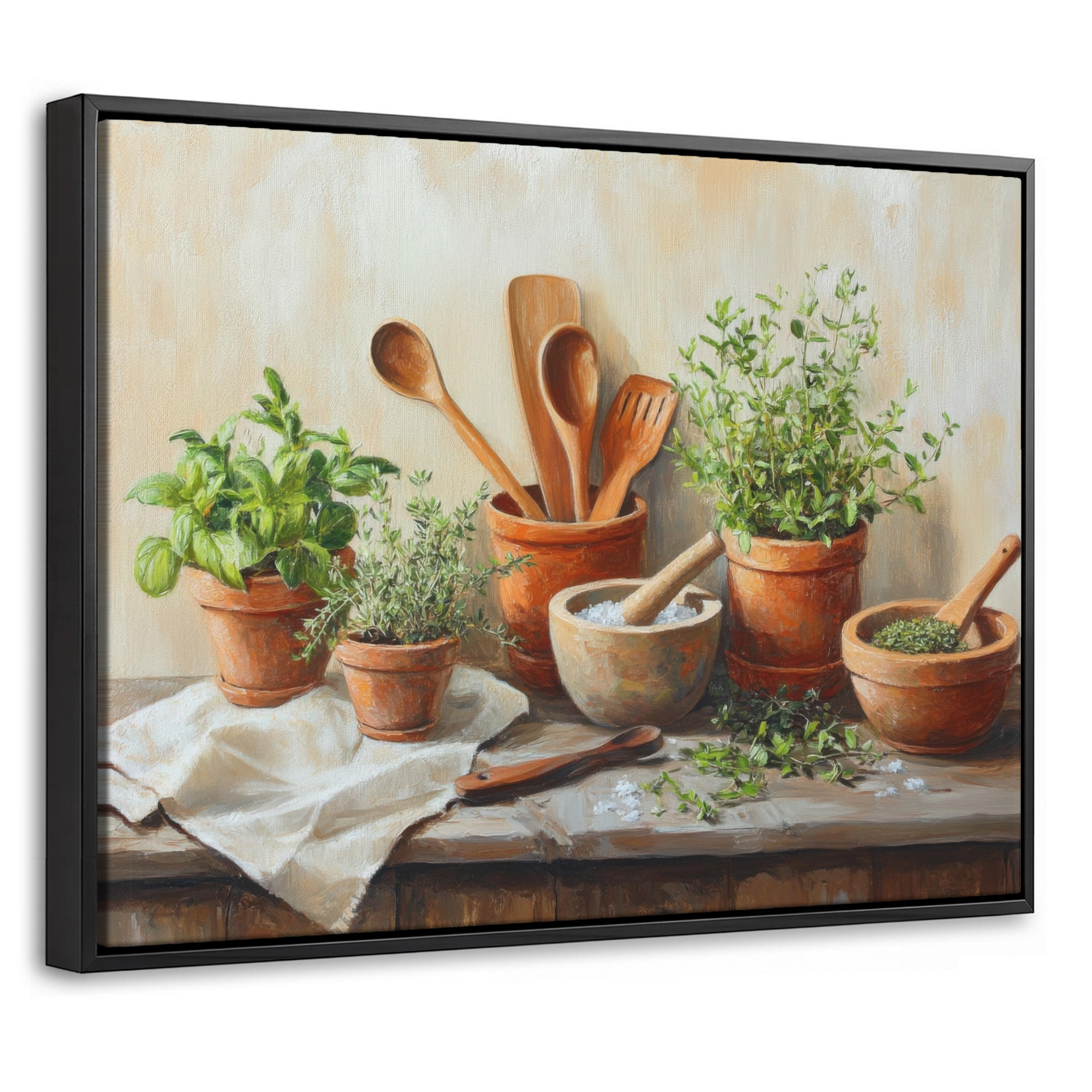 LEINWAND Bilder mit Rahmen - Töpfe - Kräuter - Holz - 40x30 - Terracotta, Textil (40/30cm) - MuchoWow